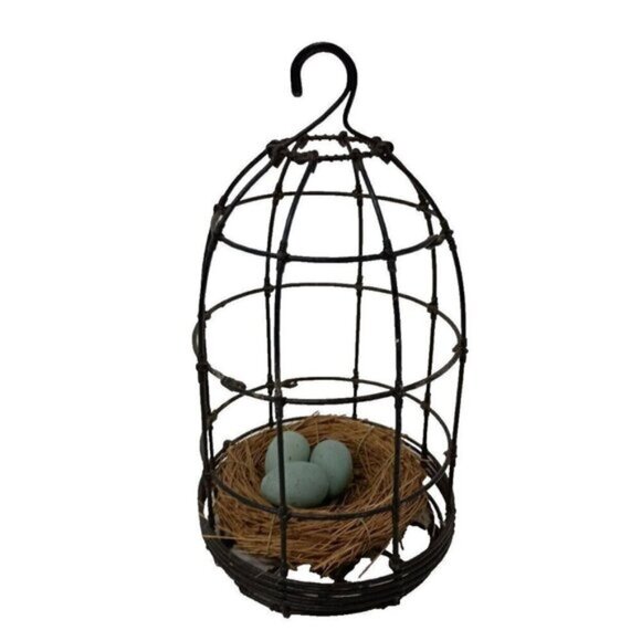 Vintage Metal Wire Cage With Bird Nest & Eggs Farmhouse Rustic Hanging Decor - Picture 1 of 9